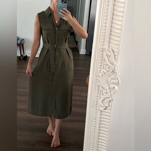 Olive Green Sleeveless Button-Down Dress